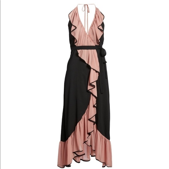 MISA Domanik Ruffle Halter Chiffon Wrap Dress Black Pink - Picture 9 of 12